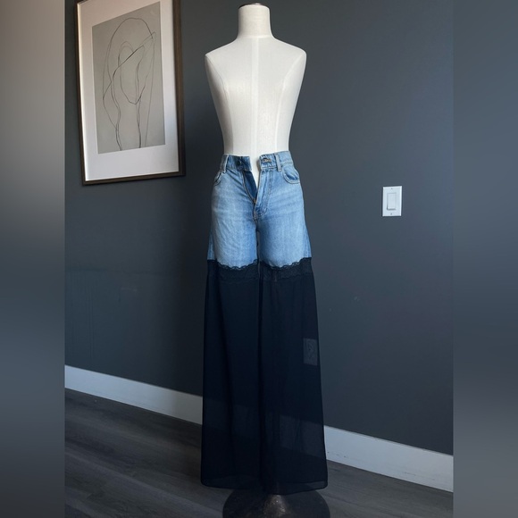 Nensi Dojaka Rebecca Lace Sheer Tulle Panel Straight Leg Jeans - Picture 8 of 12
